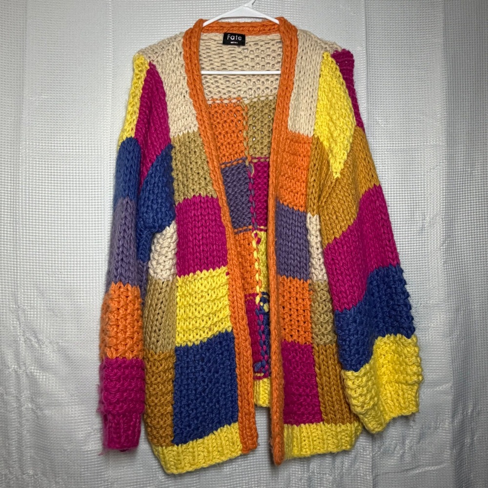 Fate Cardigan Chunky Knit Colorblock Patchwork Open Front Oversized Boho Sweater